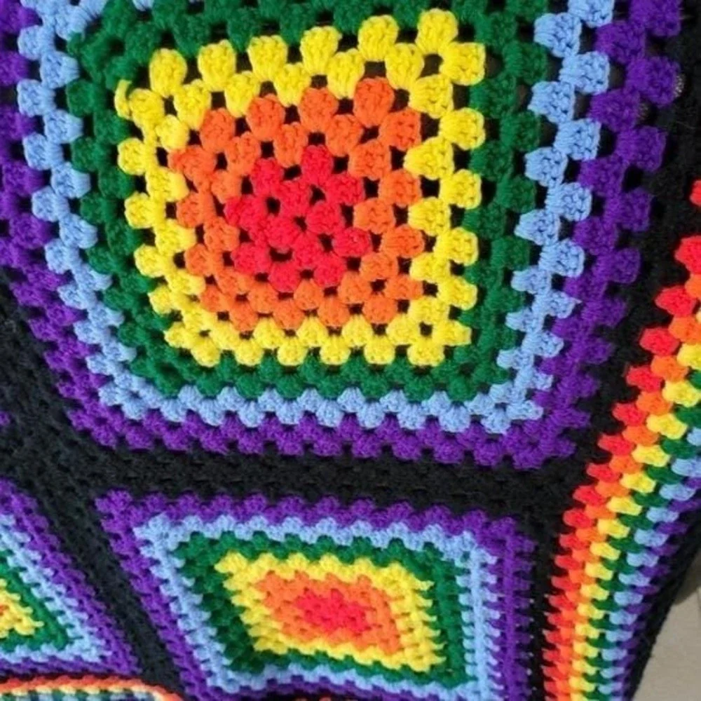Vintage Colorful Crochet Blanket with Geometric Pattern Size 6X5 feet‎